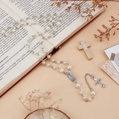 Gothic Long Bead Rosary Cross Necklace White Pearl Beads Rosary Necklace Pearl Cross Vintage Necklaces Crucifix with Medal