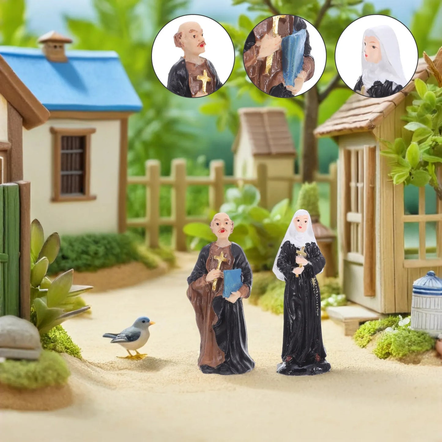 2Pcs Holy Statue Set Priest and Nun Resin Religious Sculpture for Desktop Small Decorations Sand Tray Cake Toppers Catholic