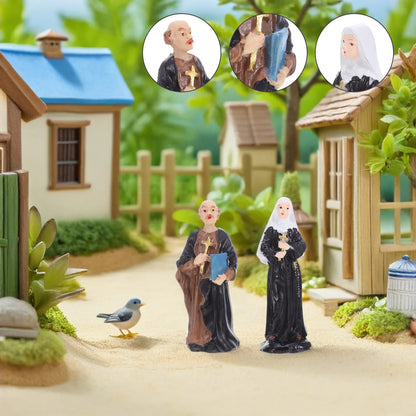 2Pcs Holy Statue Set Priest and Nun Resin Religious Sculpture for Desktop Small Decorations Sand Tray Cake Toppers Catholic