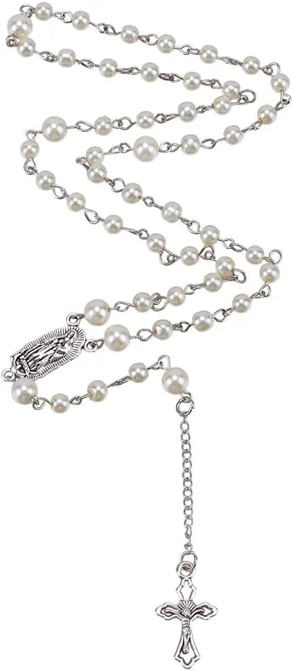 Gothic Long Bead Rosary Cross Necklace White Pearl Beads Rosary Necklace Pearl Cross Vintage Necklaces Crucifix with Medal