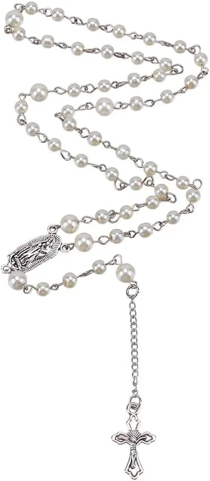 Gothic Long Bead Rosary Cross Necklace White Pearl Beads Rosary Necklace Pearl Cross Vintage Necklaces Crucifix with Medal