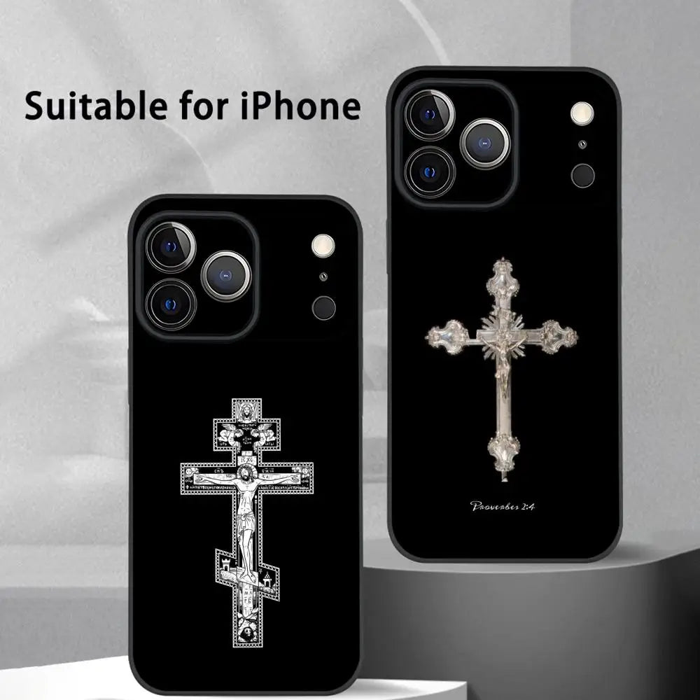 Simple Orthodox Cross Phone Case For IPhone 17 16 15 14 13 12 11 Pro Max Plus Mini Black Frosted Soft Shell Funda