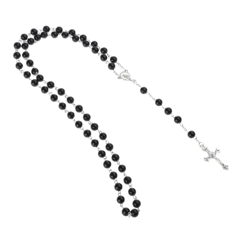 Imitation Pearl Rose Rosary Necklace Pendant Women Catholic Religious Gift