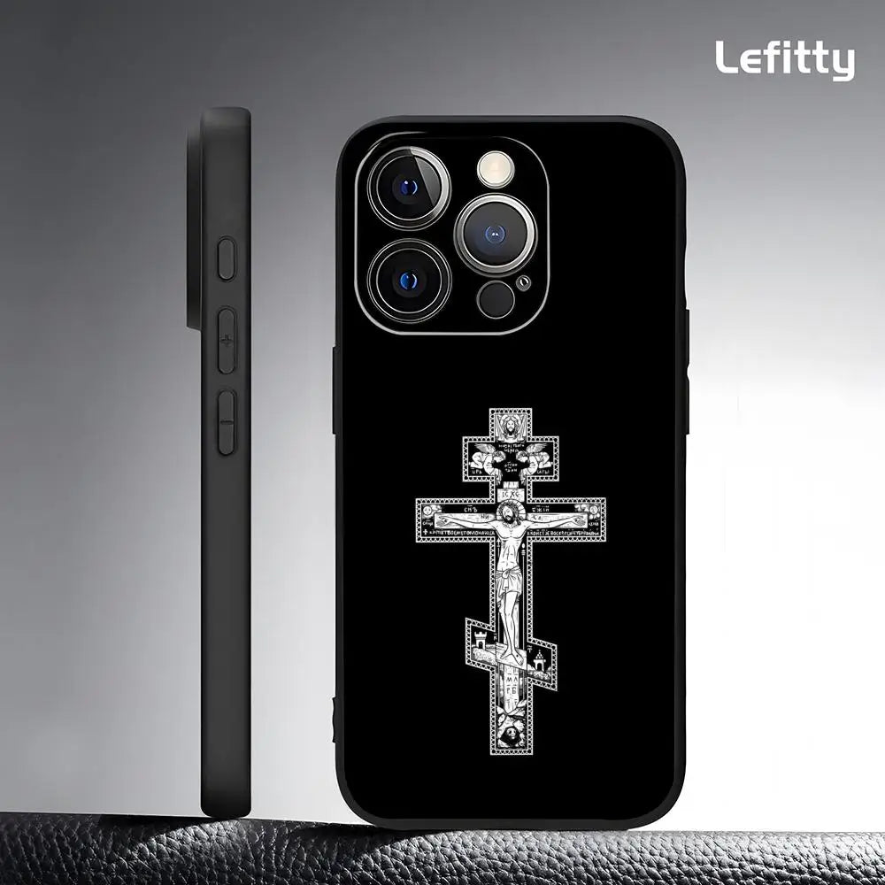 Simple Orthodox Cross Phone Case For IPhone 17 16 15 14 13 12 11 Pro Max Plus Mini Black Frosted Soft Shell Funda