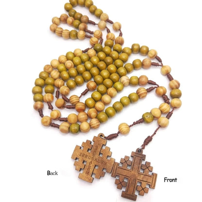 Wood Beads Rosary Necklaces Catholic Jerusalem Cross Pendant Necklaces for Women Jewelry Christian Religious Gift DropShipping