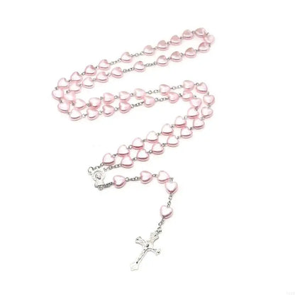 Y51B Catholic Rosary Necklaces Pink Heart-shaped Beads Long Chain for Women