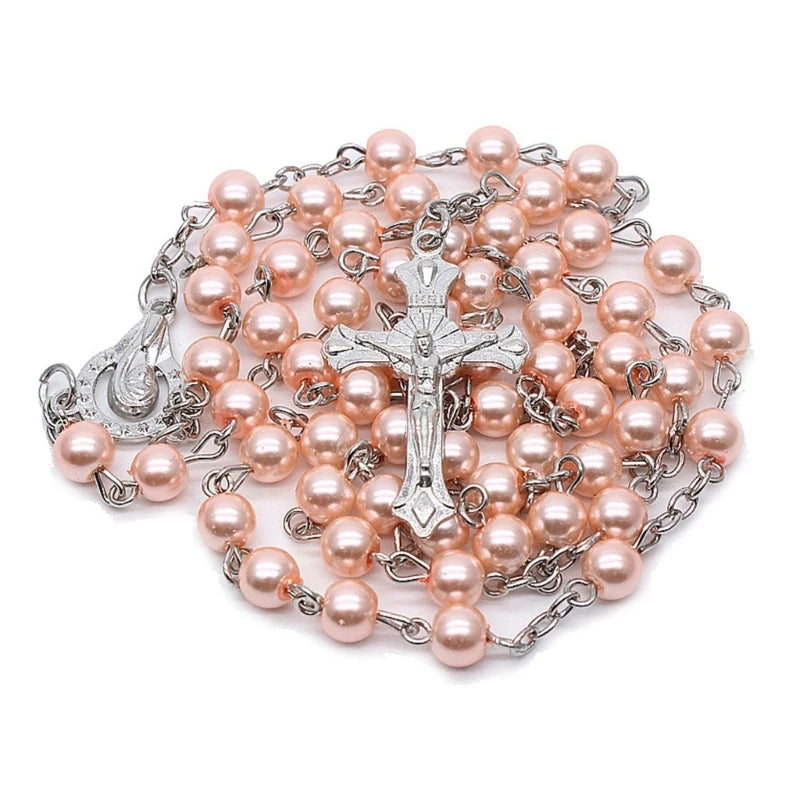 White-Pearl Rosary Beads Catholic Necklace Holy Medal-Cross Christian Long Chain