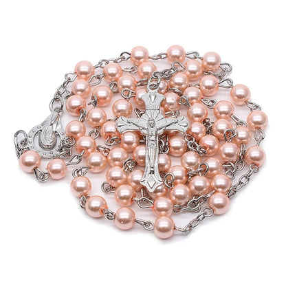 White-Pearl Rosary Beads Catholic Necklace Holy Medal-Cross Christian Long Chain