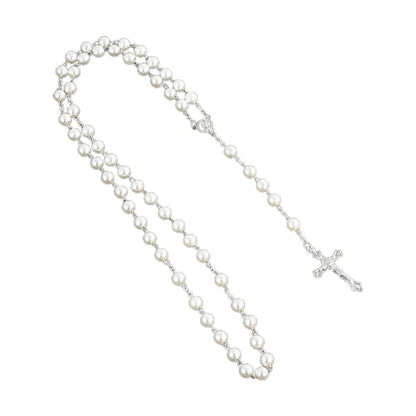 Imitation Pearl Rose Rosary Necklace Pendant Women Catholic Religious Gift