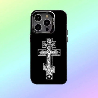 O-Orthodox Cross Icon Phone Case For iPhone17,16,15,14,13,12,11  Lens Border Silver Plated Cover Candy Matte Cover