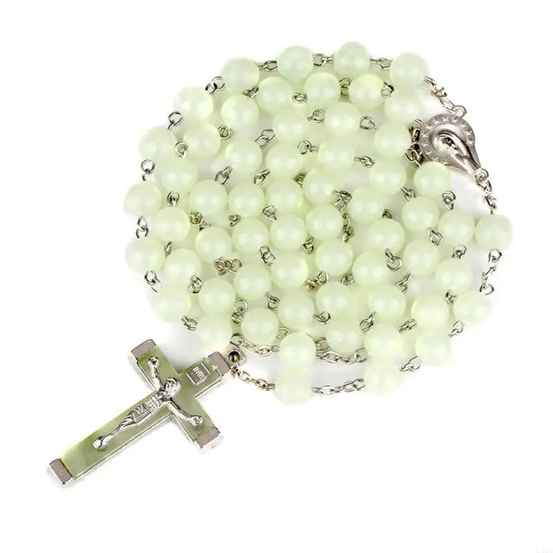 L43A Glow Rosary Necklace Jesus Christ for Cross Pendant Noctilucent Chai