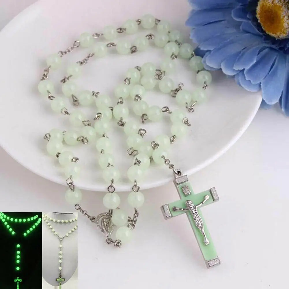 Glow In The Dark Rosary Beads Necklace Cross Pendant Necklace - Luminescent Catholic Rosary Religious Jesus Chains For Women Men