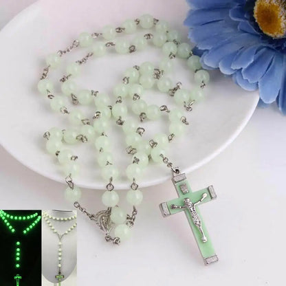 Glow In The Dark Rosary Beads Necklace Cross Pendant Necklace - Luminescent Catholic Rosary Religious Jesus Chains For Women Men