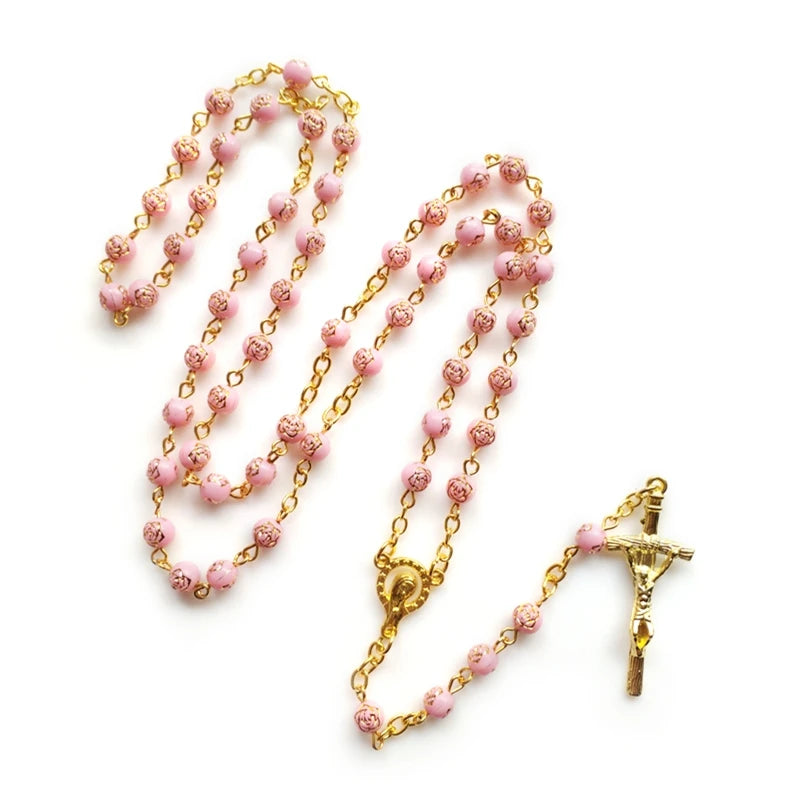10mm Acrylic Bead Rosary Necklace Vintage Weave Catholic Religious Cross Jesus Pendant Necklaces for Men Women Jewelry Charm