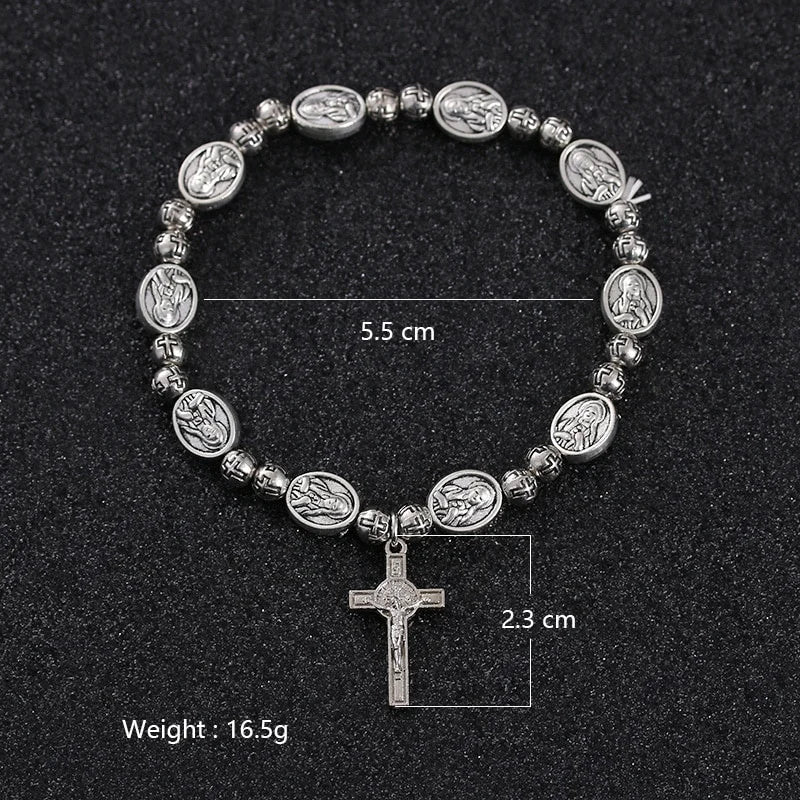 Handmade Rosary Bracelet Elasticated Metal   Round Rose Alloy Beads Catholic Saints Images Prayer  Car Ornament