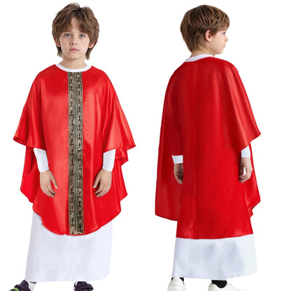 Boys Girls Halloween Priest Cosplay Costume Catholic Pope Vestments Long Sleeve Cape Robe Gown Church Father Clergy Chasuble