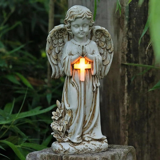 Resin Solar Powered Garden Angel Statue Lawn Ornament Cemetery Decoration