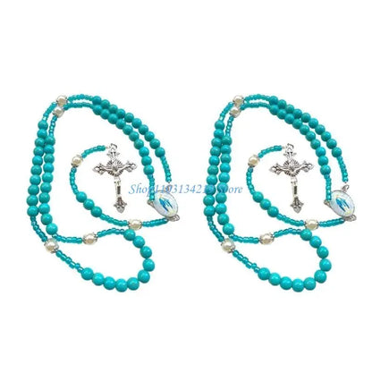 N5KC Spiritual Blue Beaded Turquoise Rosary Necklace with Metal Crosses Pendant for Prayer Religious Neckchain Jewelry Gift