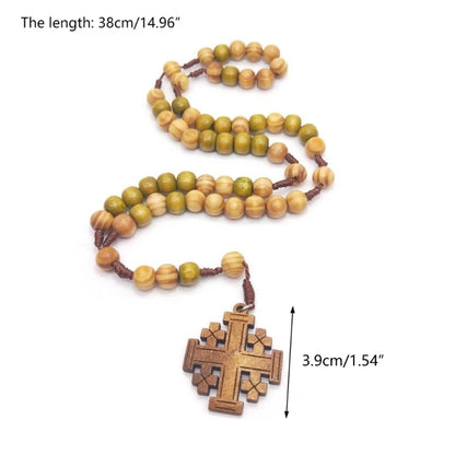Wood Beads Rosary Necklaces Catholic Jerusalem Cross Pendant Necklaces for Women Jewelry Christian Religious Gift DropShipping