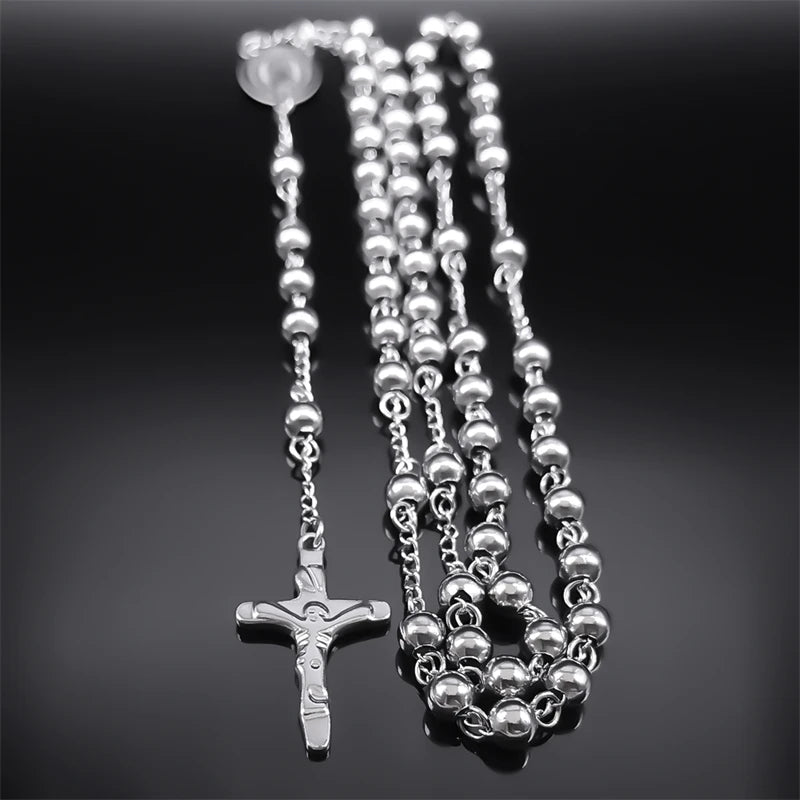 Religious Catholic Virgin Mary Jesus Cross Rosary Necklace for Men Women Stainless Steel Christian Christ Long Chain JewelryZZZ