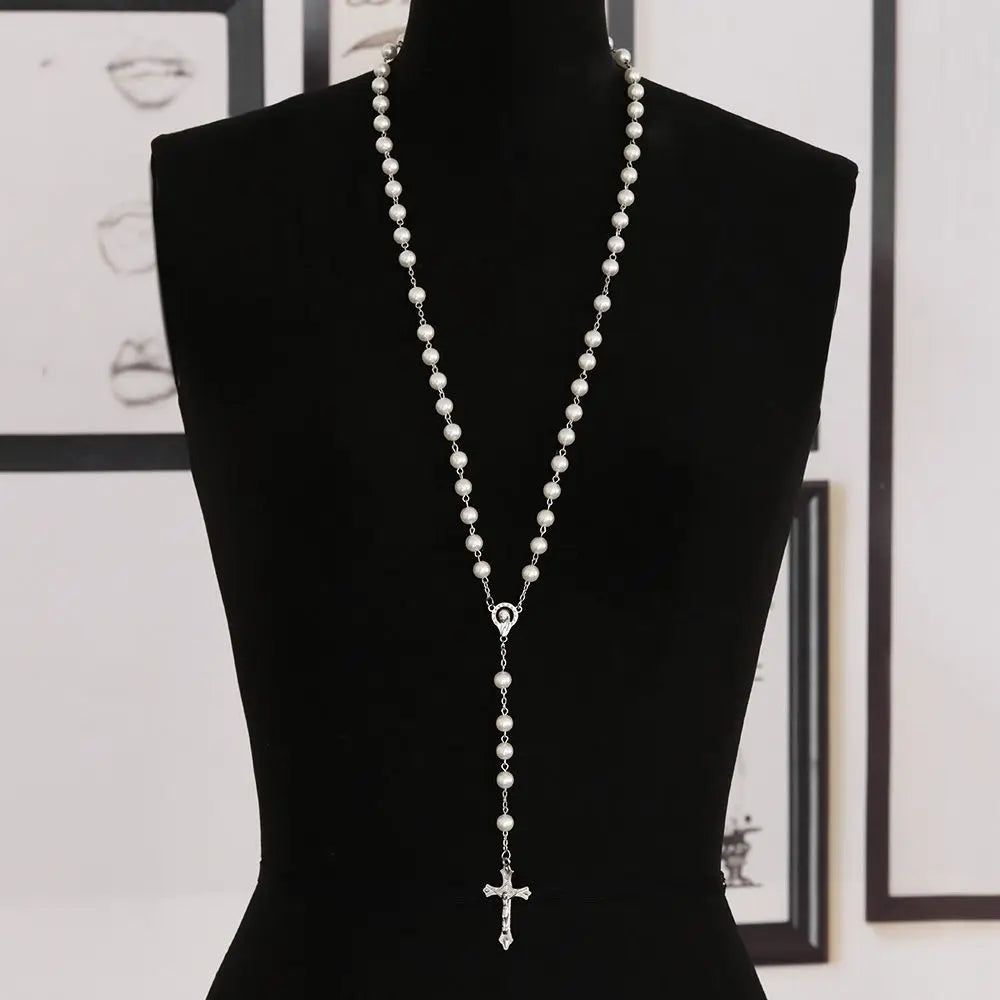 Vintage Rosary Beads Chain Cross Necklace Handmade Quality  Glass Bead Catholic Rosary Religious Crucifix Pendants Necklace