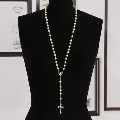 Vintage Rosary Beads Chain Cross Necklace Handmade Quality  Glass Bead Catholic Rosary Religious Crucifix Pendants Necklace