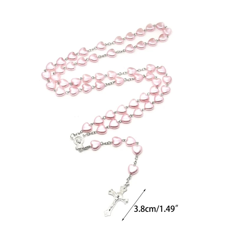 Heart Bead Rosary Necklaces Catholic Prayer Pink Heart-shaped Pendant Long Chain Christian Religious Jewelry Gift