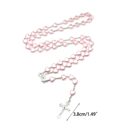 Heart Bead Rosary Necklaces Catholic Prayer Pink Heart-shaped Pendant Long Chain Christian Religious Jewelry Gift