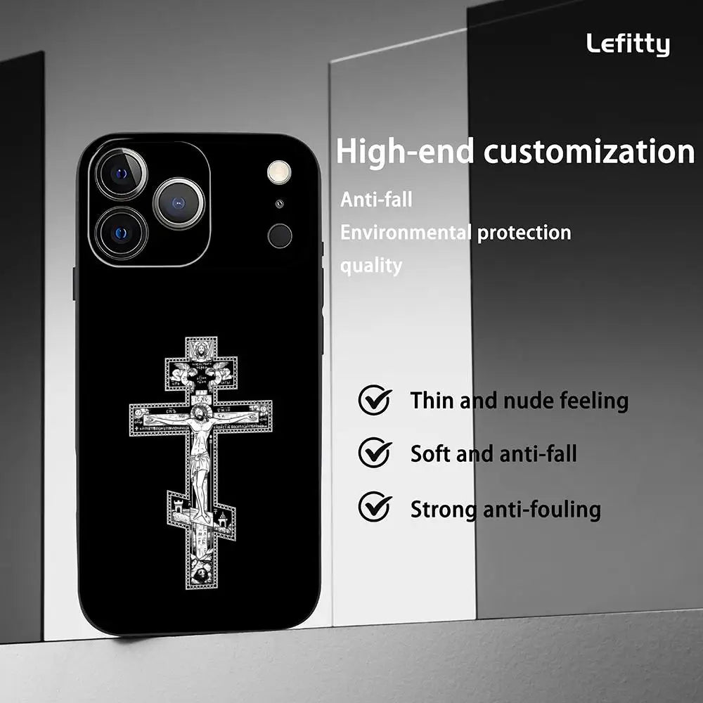 Simple Orthodox Cross Phone Case For IPhone 17 16 15 14 13 12 11 Pro Max Plus Mini Black Frosted Soft Shell Funda