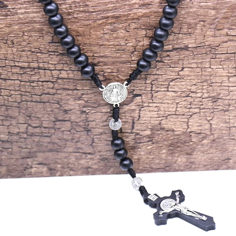 Black Wooden for Cross Religious Necklace Fashion Handmade Round Bead Catholic Rosary for Cross Religious Necklace Gifts