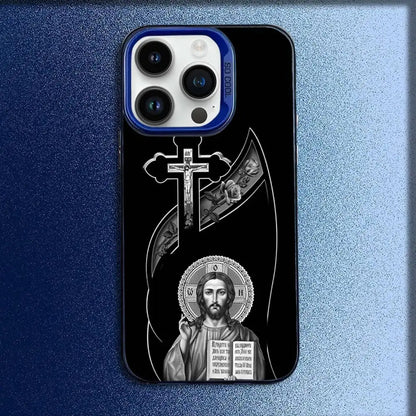 Orthodox Cross Icon Church Phone Case For iPhone 16,15,14,13,12,11,Mini,Pro,E,MAX Blue Candy Matte Shockproof Cover