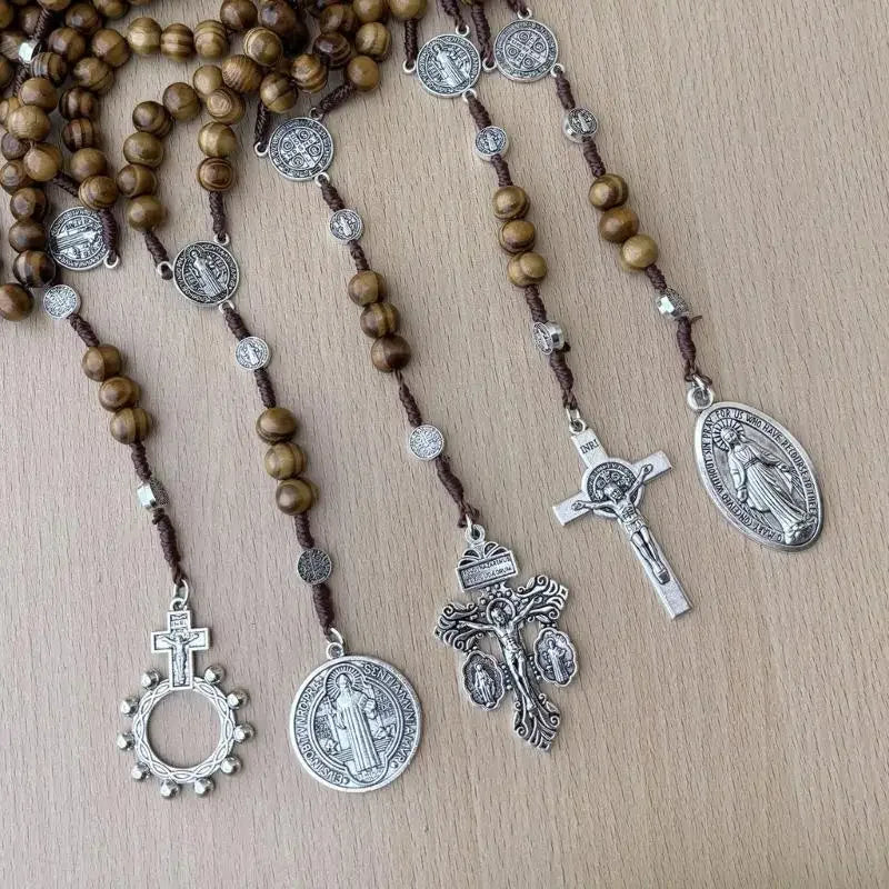 Braided Beads Chain Rosary Necklace with Pardon Crucifix Crosses Medals Pendant Christians Religious Communion Gift
