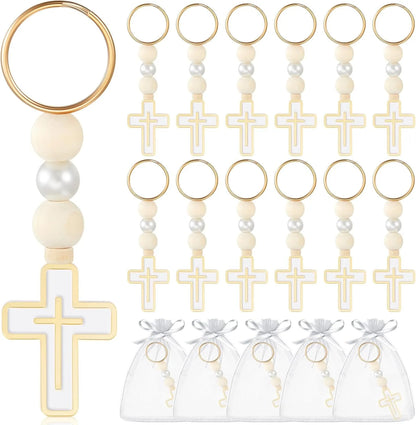 10/20Pcs First Holy Communion Favors Rosary Beads with Cross Crucifix Keychain with White Organza Bag Baptism Favors