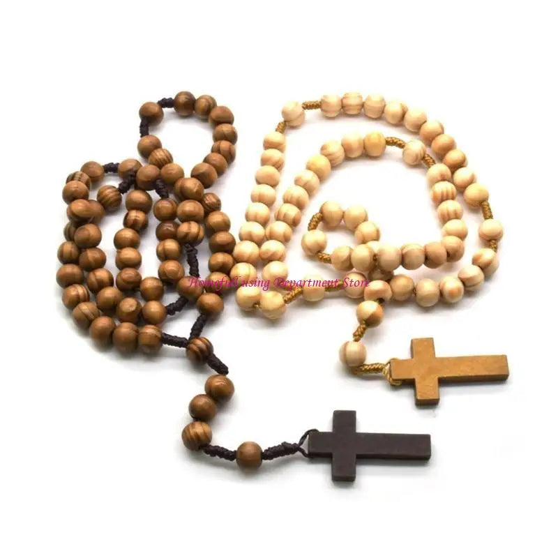 Catholic Prayer Beads Rosary Necklace with Wooden Crosses Pendant Religious Accessories for Communion and Baptisms