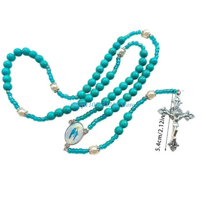 N5KC Spiritual Blue Beaded Turquoise Rosary Necklace with Metal Crosses Pendant for Prayer Religious Neckchain Jewelry Gift