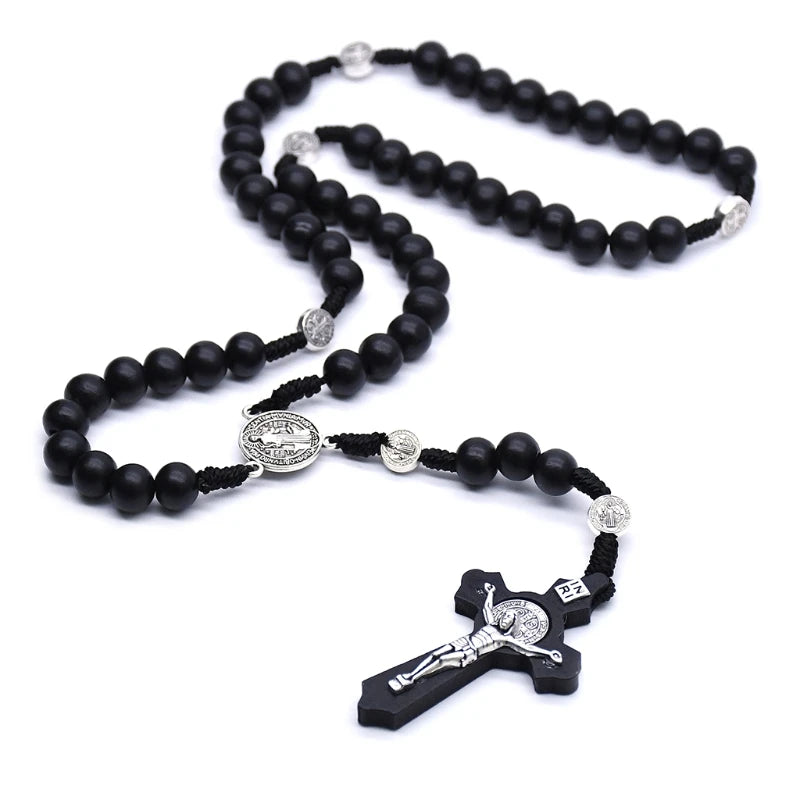 Black Wooden for Cross Religious Necklace Fashion Handmade Round Bead Catholic Rosary for Cross Religious Necklace Gifts