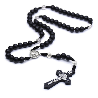 Black Wooden for Cross Religious Necklace Fashion Handmade Round Bead Catholic Rosary for Cross Religious Necklace Gifts