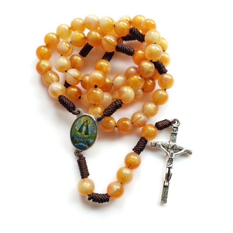 10mm Acrylic Bead Rosary Necklace Vintage Weave Catholic Religious Cross Jesus Pendant Necklaces for Men Women Jewelry Charm