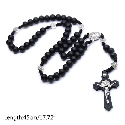Black Wooden for Cross Religious Necklace Fashion Handmade Round Bead Catholic Rosary for Cross Religious Necklace Gifts