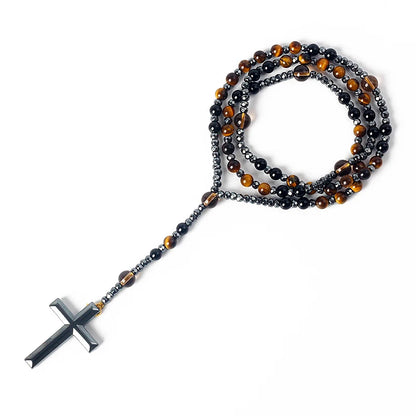 Hematite Tiger Eye Onyx Bracelets Catholi Christ Rosary Bead Long Bracelets for Men Hematite Cross Pendant Meditation Jewelry
