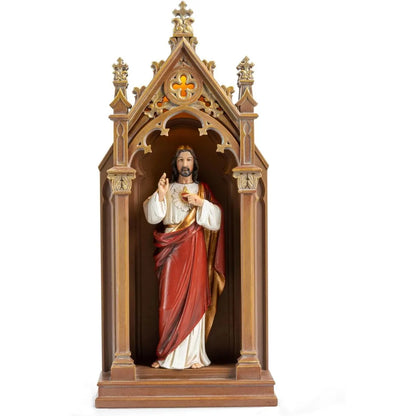 BC Catholic Sacred Heart of Jesus Statue, Jesus Christ Sculpture, 14.9 H Blessed Tabletop Shrine with LED Light, Religious Gift