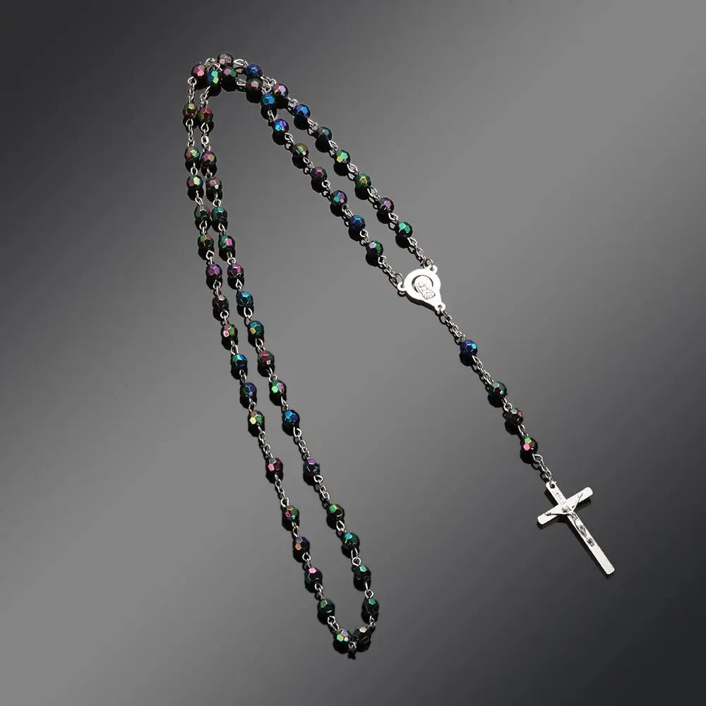 Vintage Rosary Beads Chain Cross Necklace Handmade Quality  Glass Bead Catholic Rosary Religious Crucifix Pendants Necklace