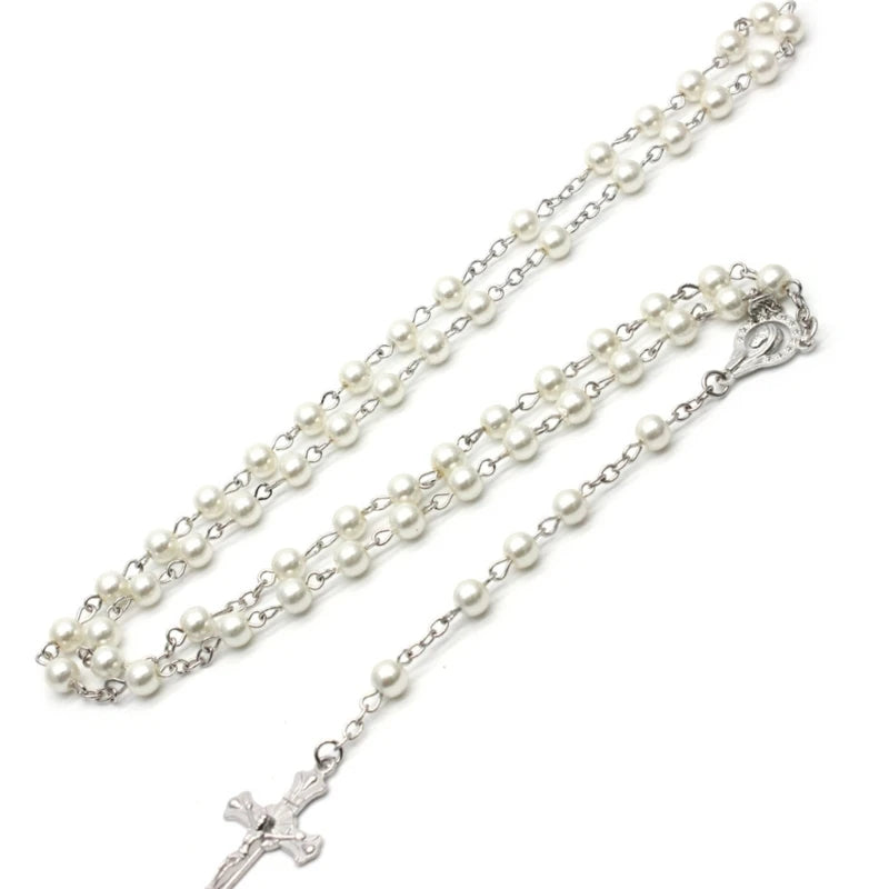 White-Pearl Rosary Beads Catholic Necklace Holy Medal-Cross Christian Long Chain