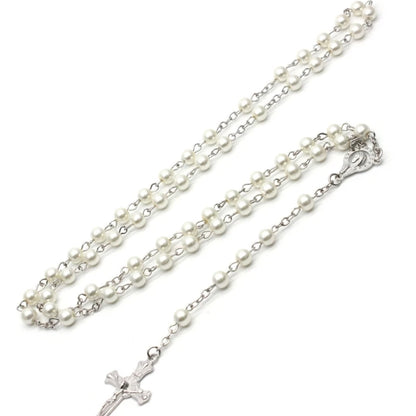 White-Pearl Rosary Beads Catholic Necklace Holy Medal-Cross Christian Long Chain