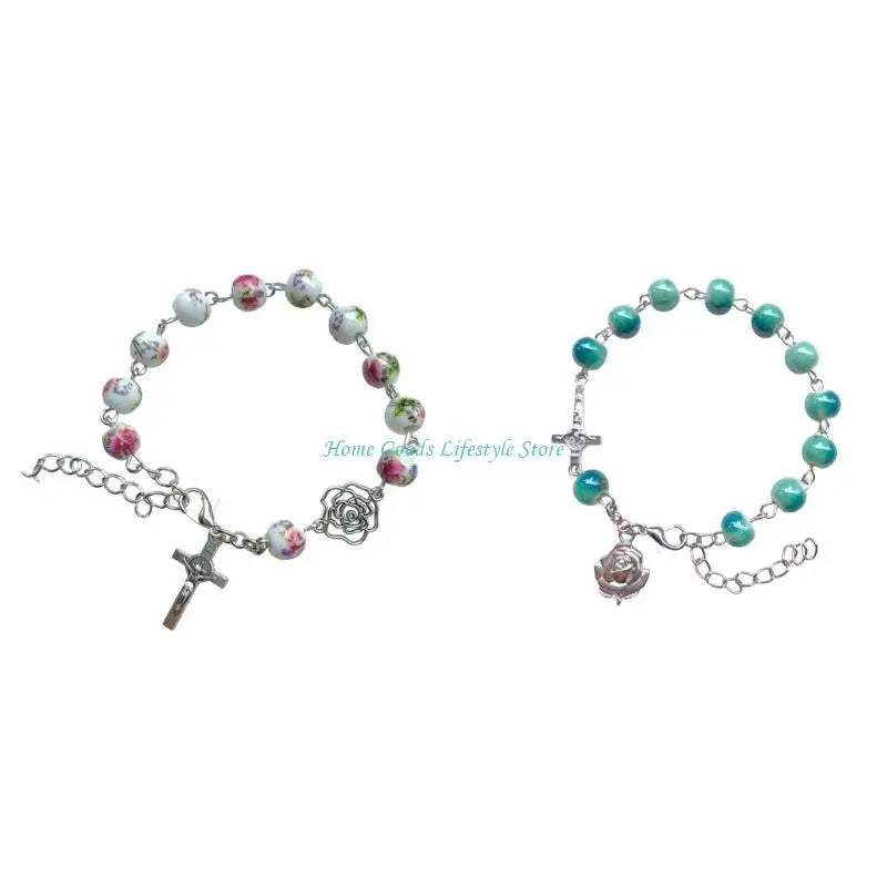 E74E Handmade Round Beads Bracelets Catholic Rosarys Beads Crosses Religious Pendants Bracelets Catholic Jewelry Gift