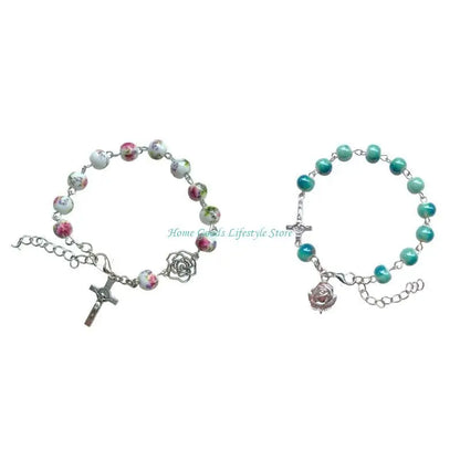 E74E Handmade Round Beads Bracelets Catholic Rosarys Beads Crosses Religious Pendants Bracelets Catholic Jewelry Gift