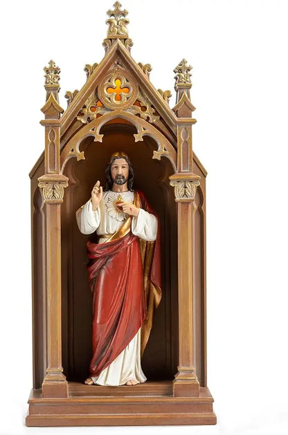BC Catholic Sacred Heart of Jesus Statue, Jesus Christ Sculpture, 14.9 H Blessed Tabletop Shrine with LED Light, Religious Gift