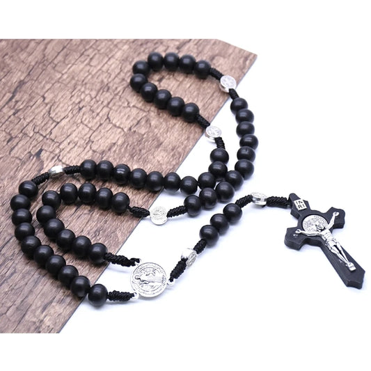 Black Wooden for Cross Religious Necklace Fashion Handmade Round Bead Catholic Rosary for Cross Religious Necklace Gifts