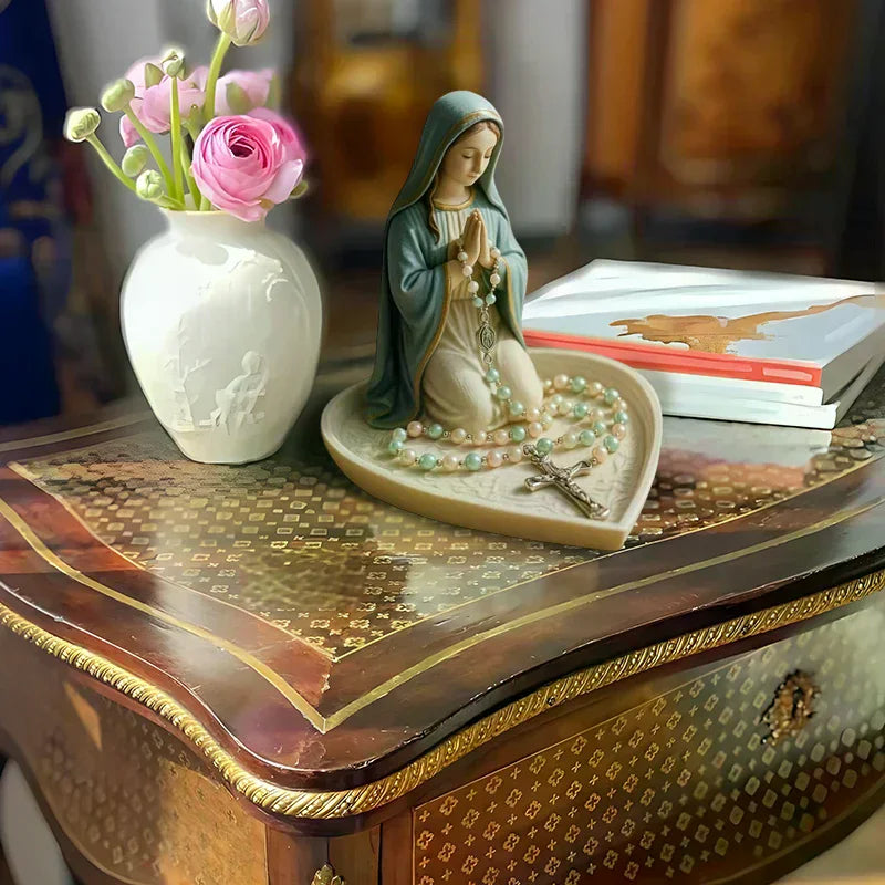 Virgin Mary Rosary Holder,Elegant Our Lady Prayer Rosary Box Religious Gift Catholic Gift, Mary And Jesus Heart Statue Tray