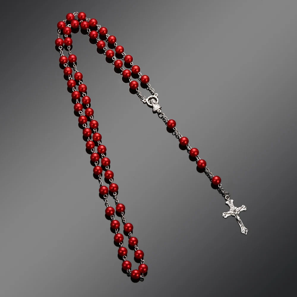 Vintage Rosary Beads Chain Cross Necklace Handmade Quality  Glass Bead Catholic Rosary Religious Crucifix Pendants Necklace